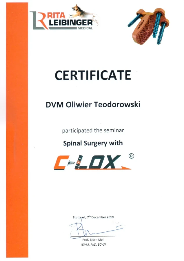 Spinal Surgery with C-LOX – certyfikat Oliwier Teodorowski