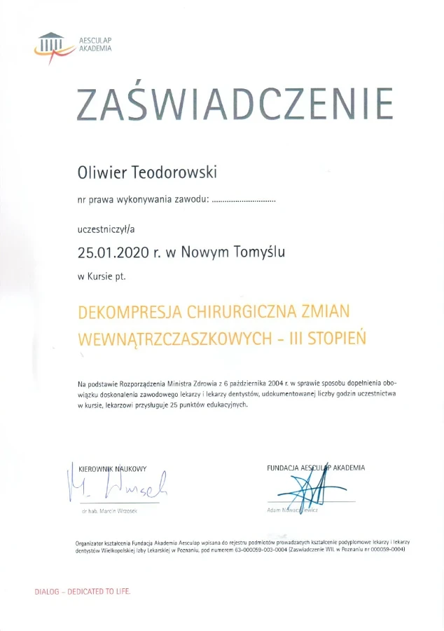 Dekompresja chirurgiczna zmian wewnątrzczaszkowych - III stopnień - certyfikat Oliwier Teodorowski