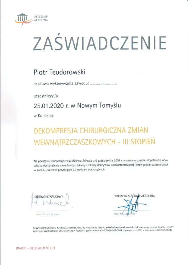 Dokompresja Chirurgiczna Zmian Wewnątrzczaszkowych - III stopień – certyfikat Piotr Teodorowski