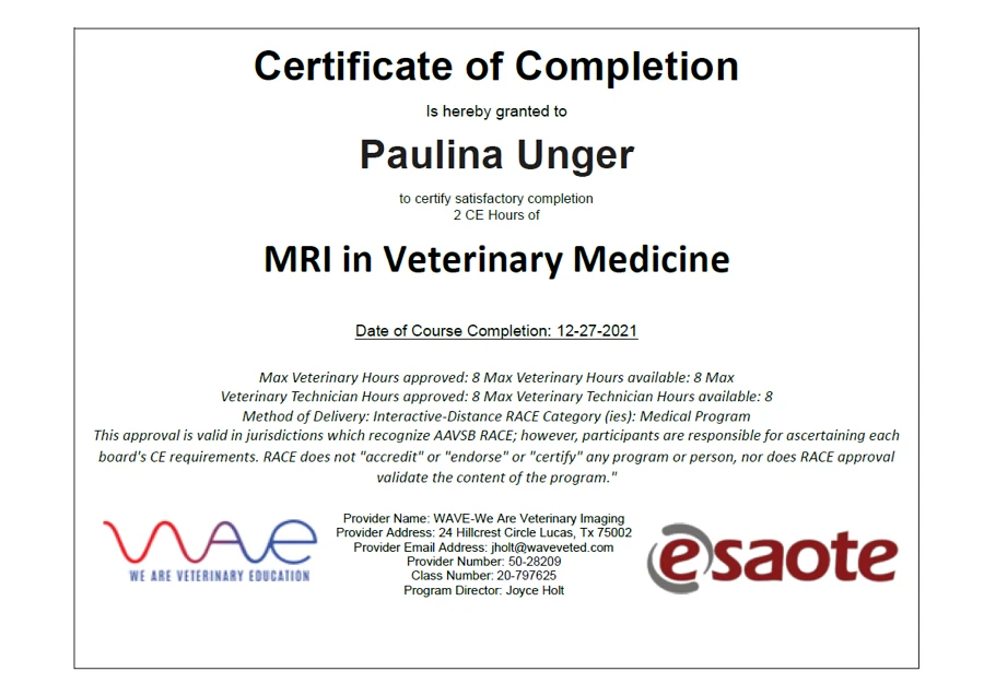 MRI in Veterinary Medicine – certyfikat Paulina Jarzombek (Unger)