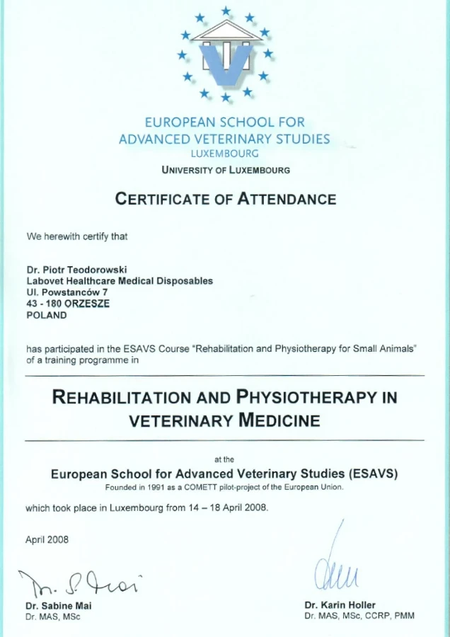 Rehabilitation and Physiotherapy in veterinary Medicine – certyfikat Piotr Teodorowski