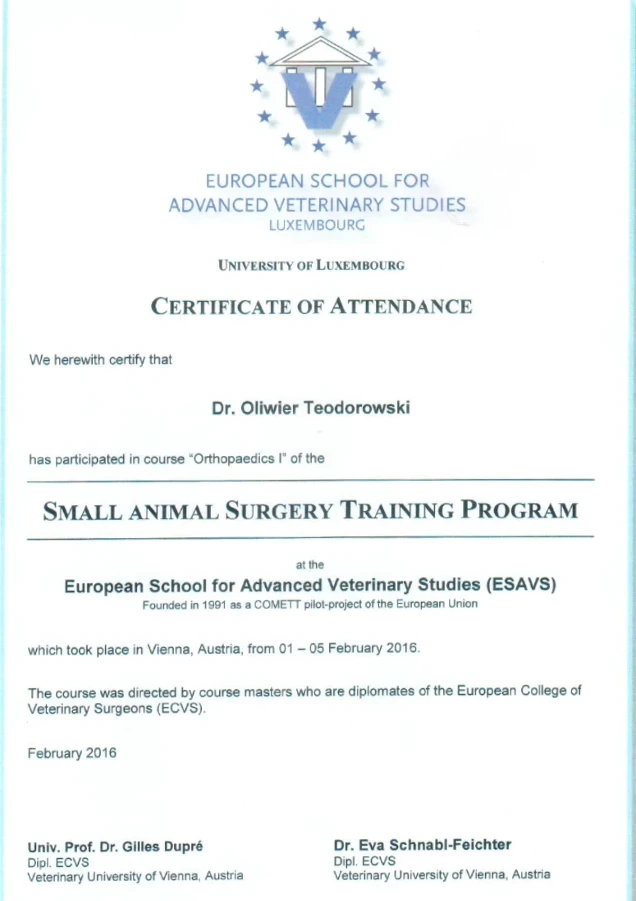 Small Animal Surgery Training Program – certyfikat Oliwier Teodorowski