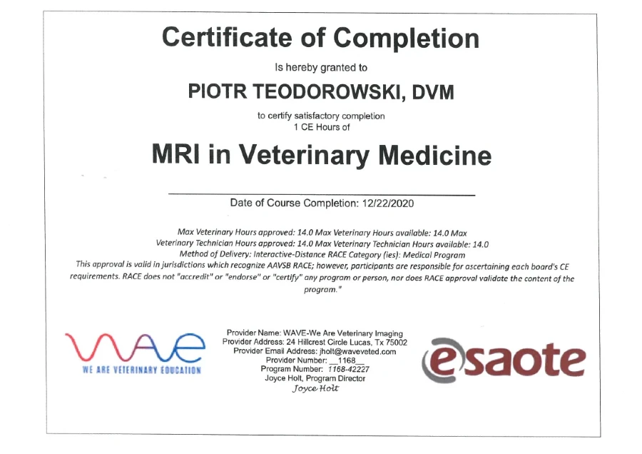 MRI in Veterinary Medicine – certyfikat Piotr Teodorowski