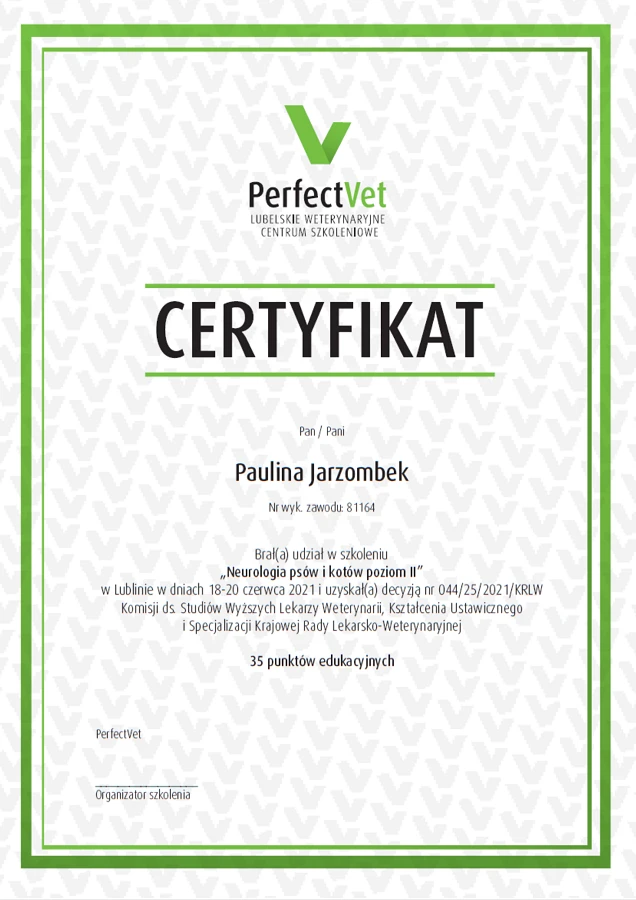 Neurologia psów i kotów poziom II – certyfikat Paulina Jarzombek (Unger)