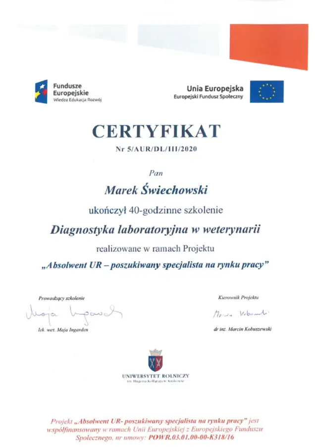 Diagnostyka laboratoryjna w weterynarii – certyfikat Marek Świechowski