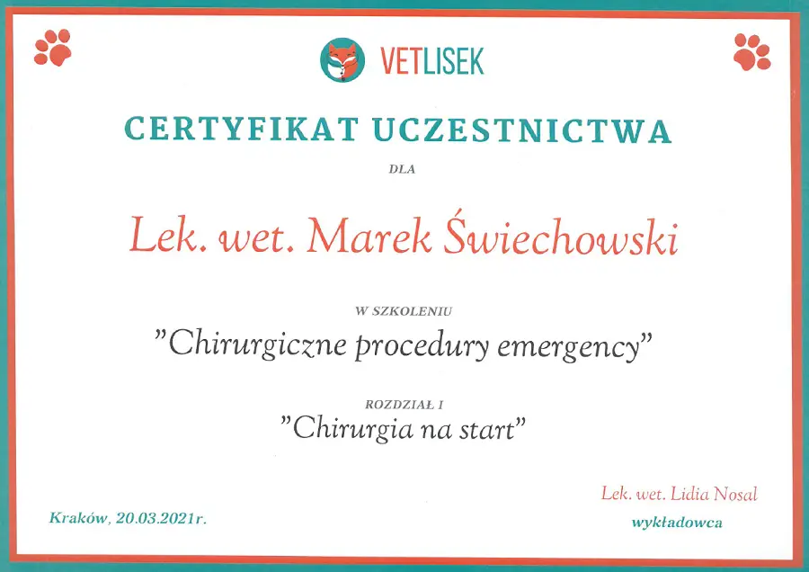 Chirurgiczne procedury emergency - Chirurgia na start – certyfikat Marek Świechowski