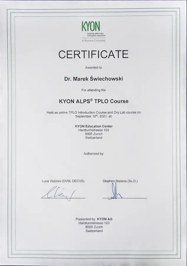 KYON ALPS TPLO Course – certyfikat Marek Świechowski