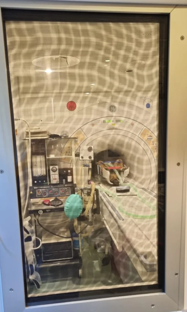 badanie MRI widoczne przez drzwi w sali diagnostycznej 